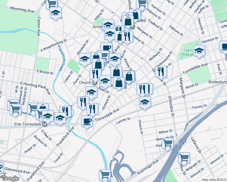 map of restaurants, bars, coffee shops, grocery stores, and more near 4285 Orchard Street in Philadelphia