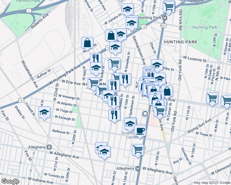 map of restaurants, bars, coffee shops, grocery stores, and more near 1700 West Erie Avenue in Philadelphia