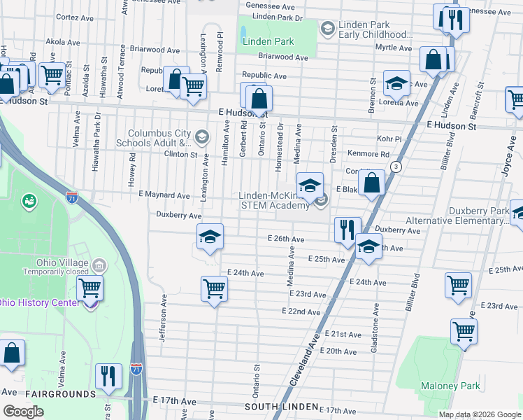 map of restaurants, bars, coffee shops, grocery stores, and more near 2134 Ontario Street in Columbus