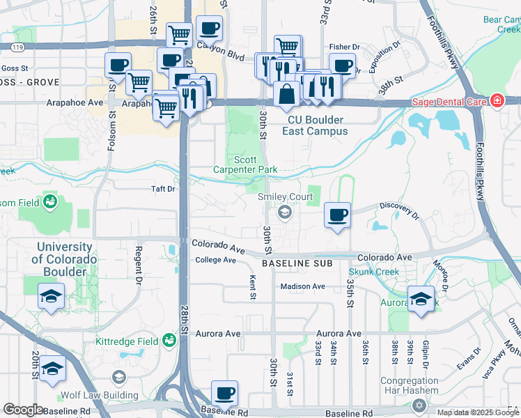 map of restaurants, bars, coffee shops, grocery stores, and more near 1301 30th Street in Boulder