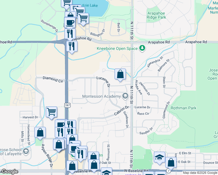 map of restaurants, bars, coffee shops, grocery stores, and more near 384 West Lucerne Drive in Lafayette