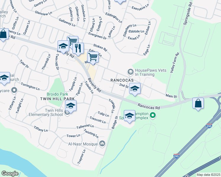 map of restaurants, bars, coffee shops, grocery stores, and more near 222 Olive Street in Westampton