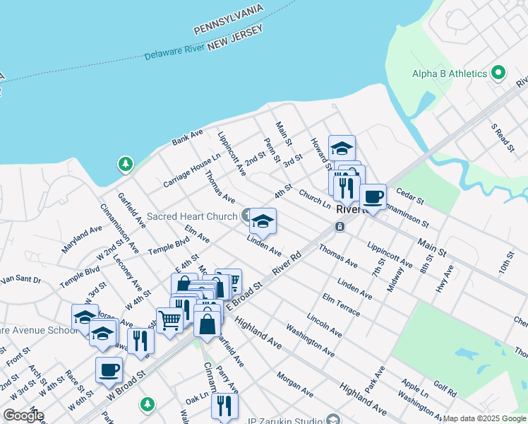 map of restaurants, bars, coffee shops, grocery stores, and more near 401 Thomas Avenue in Riverton