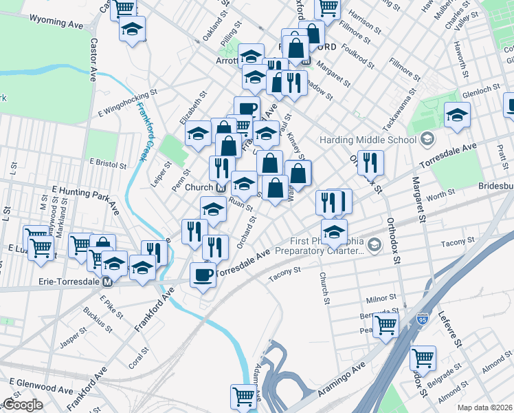 map of restaurants, bars, coffee shops, grocery stores, and more near 4274 Orchard Street in Philadelphia