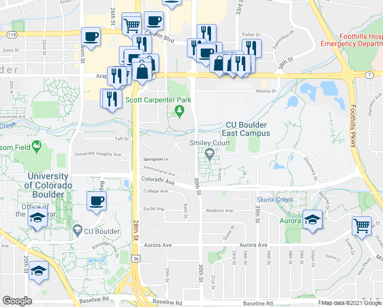 map of restaurants, bars, coffee shops, grocery stores, and more near 1301 30th Street in Boulder
