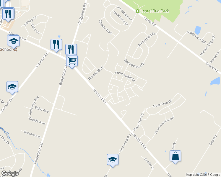map of restaurants, bars, coffee shops, grocery stores, and more near 3 Larkspur Court in Delran