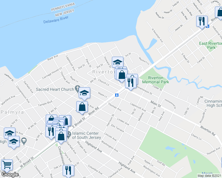 map of restaurants, bars, coffee shops, grocery stores, and more near 421-1/2 Lippincott Avenue in Riverton