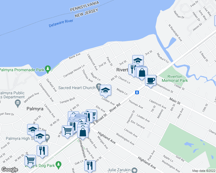 map of restaurants, bars, coffee shops, grocery stores, and more near 401 Thomas Avenue in Riverton