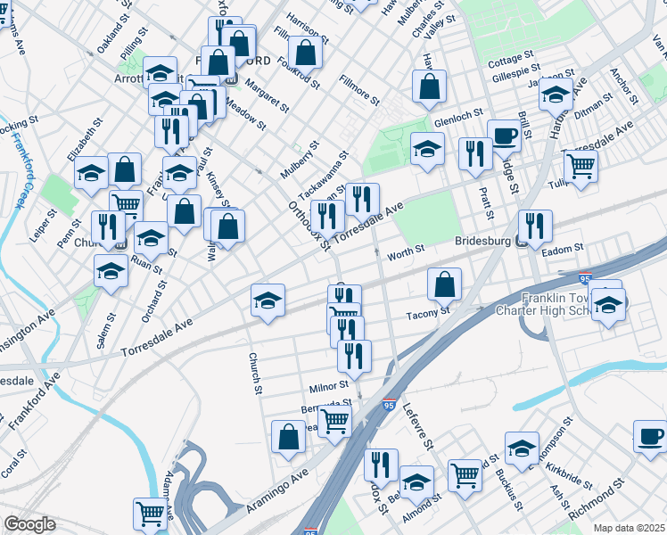 map of restaurants, bars, coffee shops, grocery stores, and more near 4562 Worth Street in Philadelphia