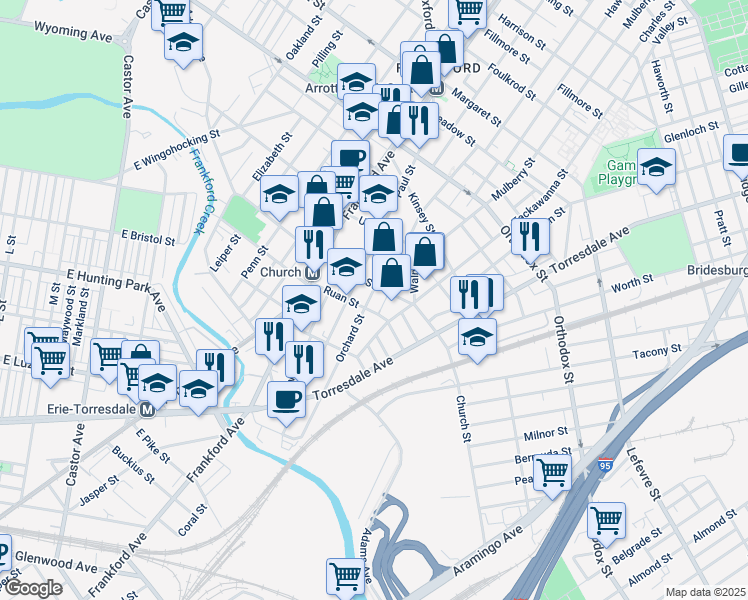 map of restaurants, bars, coffee shops, grocery stores, and more near 4274 Orchard Street in Philadelphia