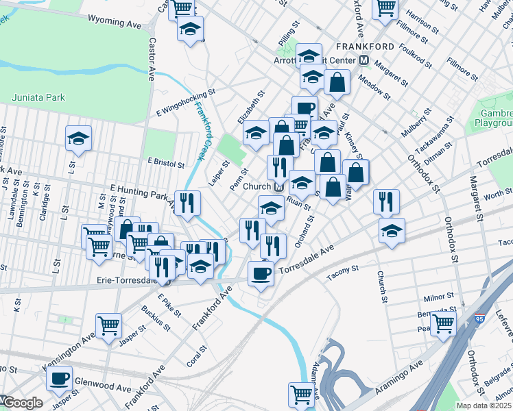 map of restaurants, bars, coffee shops, grocery stores, and more near 1545 Womrath Street in Philadelphia