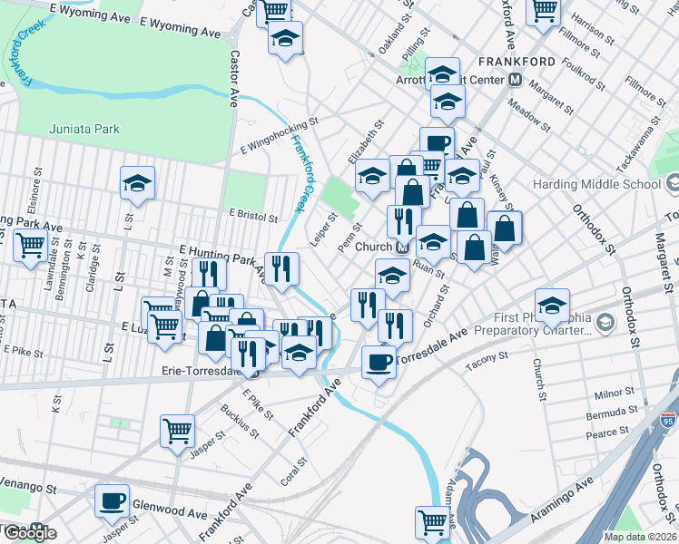 map of restaurants, bars, coffee shops, grocery stores, and more near 4228 Romain Street in Philadelphia