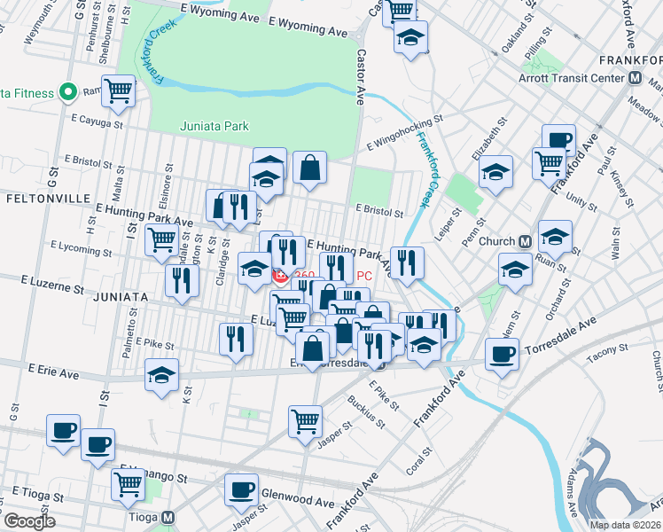 map of restaurants, bars, coffee shops, grocery stores, and more near 4132 Markland Street in Philadelphia