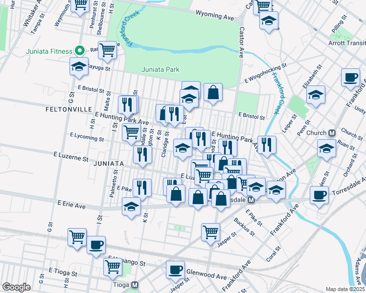 map of restaurants, bars, coffee shops, grocery stores, and more near 4114 Dungan Street in Philadelphia