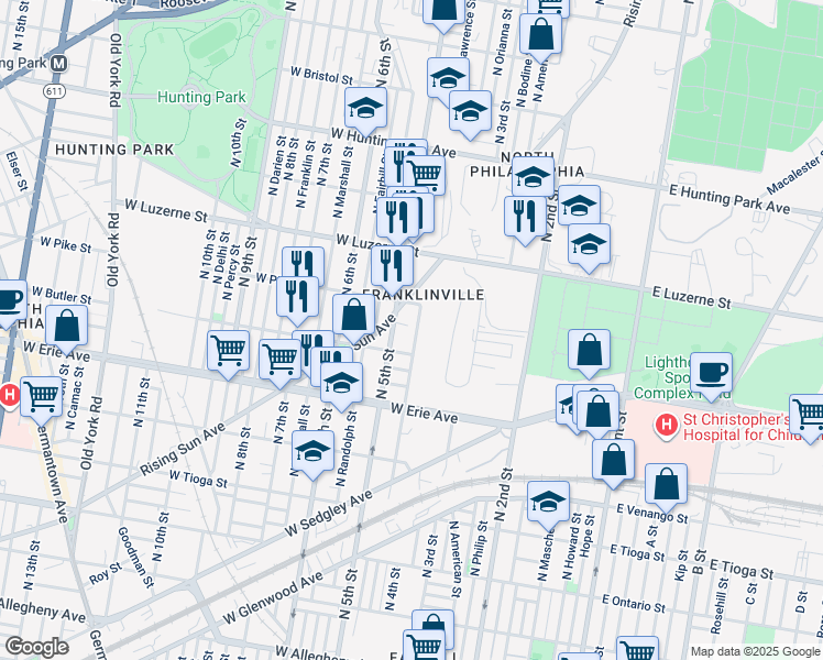 map of restaurants, bars, coffee shops, grocery stores, and more near 3838 North Lawrence Street in Philadelphia