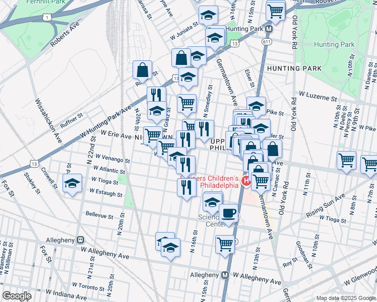map of restaurants, bars, coffee shops, grocery stores, and more near 1700 West Erie Avenue in Philadelphia