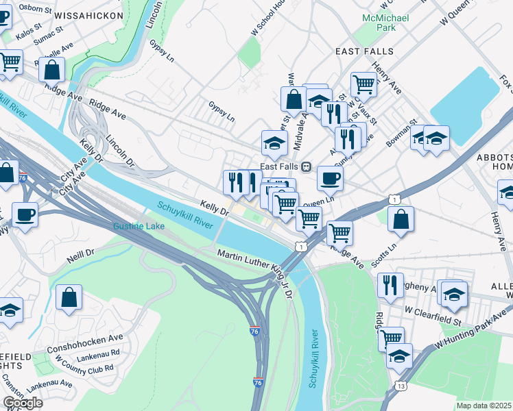 map of restaurants, bars, coffee shops, grocery stores, and more near in Philadelphia