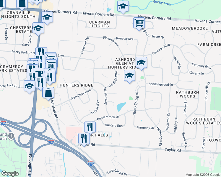 map of restaurants, bars, coffee shops, grocery stores, and more near 334 Dellfield Way in Columbus