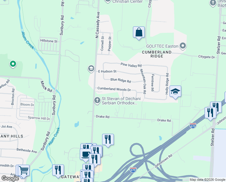 map of restaurants, bars, coffee shops, grocery stores, and more near 3045 Cumberland Woods Drive in Columbus