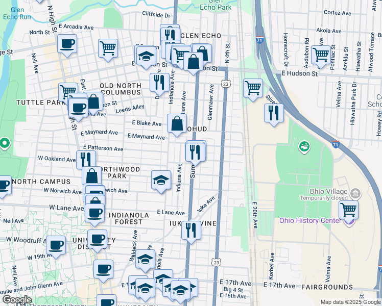 map of restaurants, bars, coffee shops, grocery stores, and more near 2253 Summit Street in Columbus