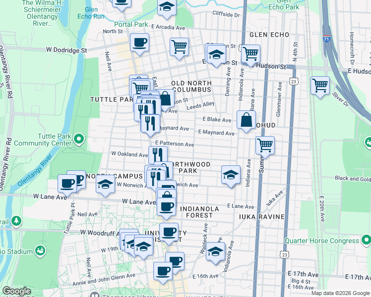 map of restaurants, bars, coffee shops, grocery stores, and more near 105 East Patterson Avenue in Columbus
