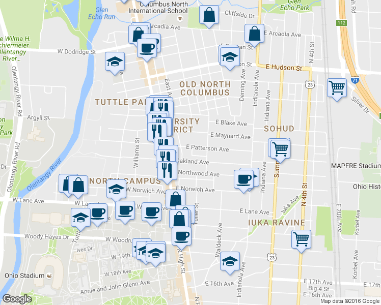 map of restaurants, bars, coffee shops, grocery stores, and more near 2307 East Avenue in Columbus