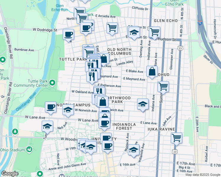 map of restaurants, bars, coffee shops, grocery stores, and more near 2307 East Avenue in Columbus