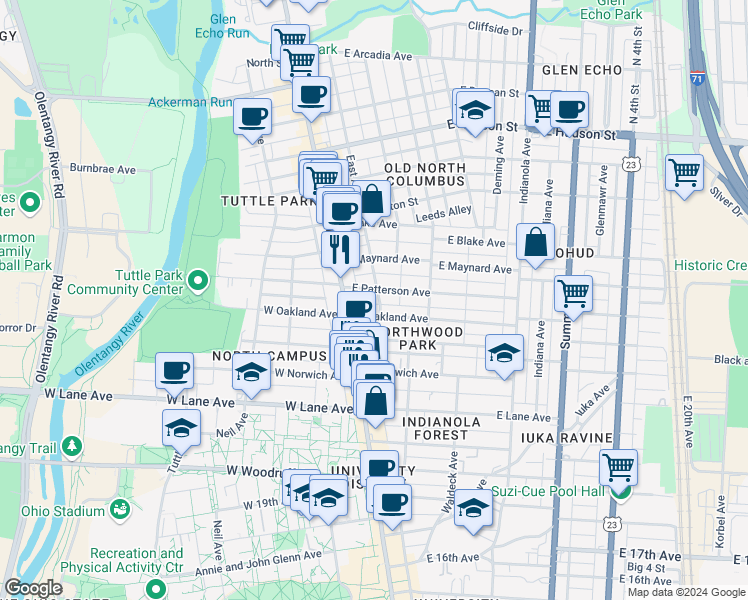 map of restaurants, bars, coffee shops, grocery stores, and more near 2307 East Avenue in Columbus