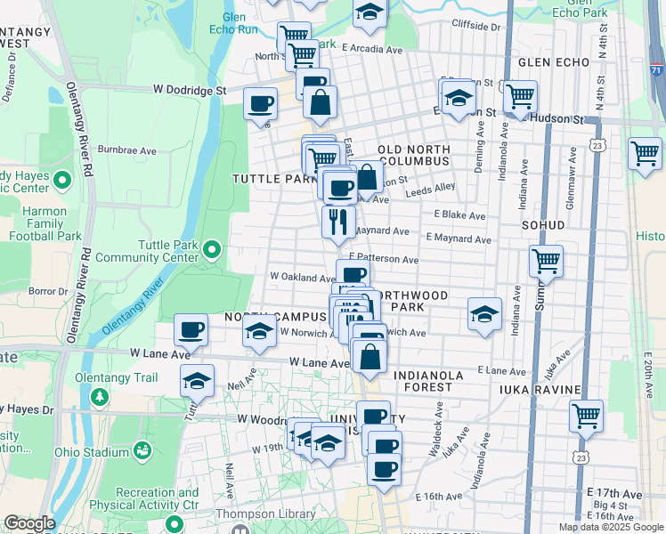 map of restaurants, bars, coffee shops, grocery stores, and more near in Columbus