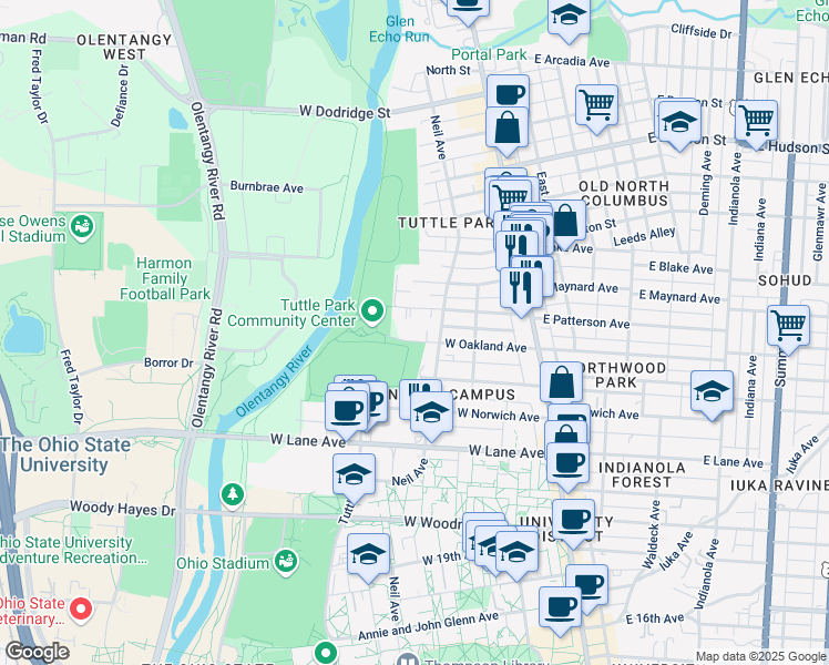map of restaurants, bars, coffee shops, grocery stores, and more near 164 West Oakland Avenue in Columbus