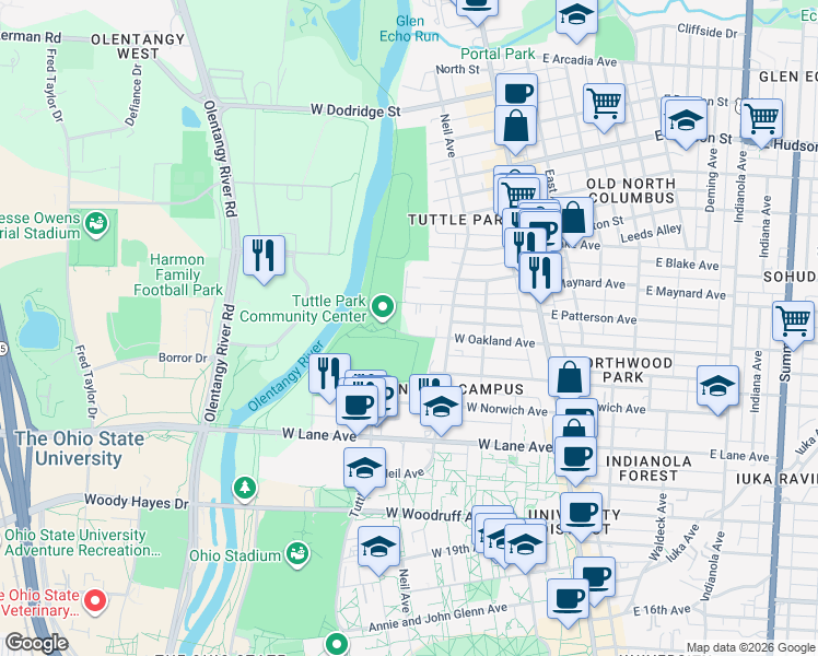 map of restaurants, bars, coffee shops, grocery stores, and more near 240 West Oakland Avenue in Columbus