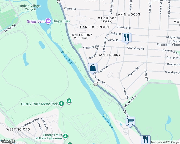 map of restaurants, bars, coffee shops, grocery stores, and more near 2731 Charing Road in Upper Arlington