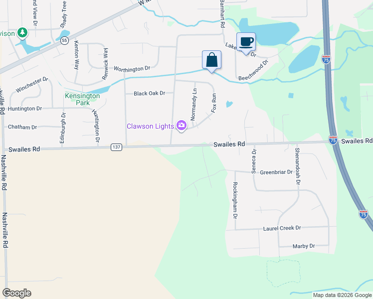 map of restaurants, bars, coffee shops, grocery stores, and more near 2150 Swailes Road in Troy