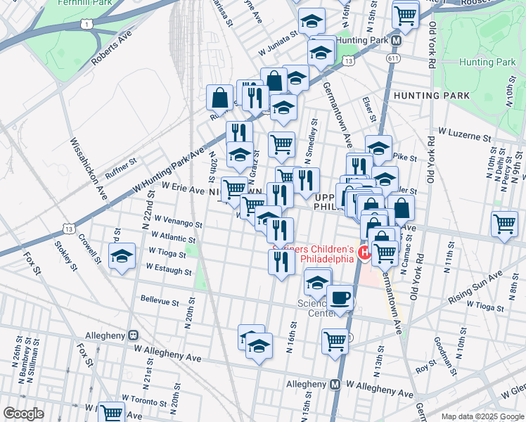 map of restaurants, bars, coffee shops, grocery stores, and more near 3643 North 18th Street in Philadelphia