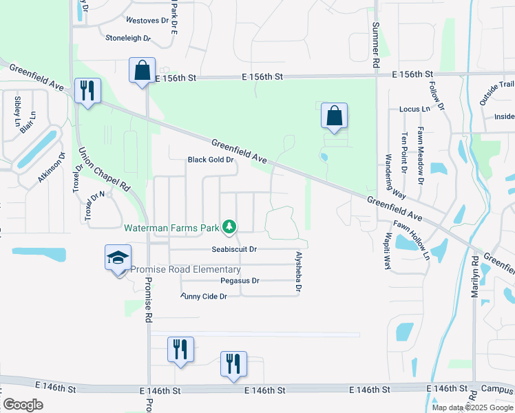 map of restaurants, bars, coffee shops, grocery stores, and more near 15178 Winning Colors Drive in Noblesville