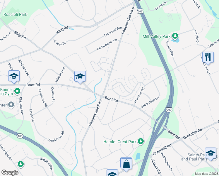 map of restaurants, bars, coffee shops, grocery stores, and more near 102 Longford Road in West Chester