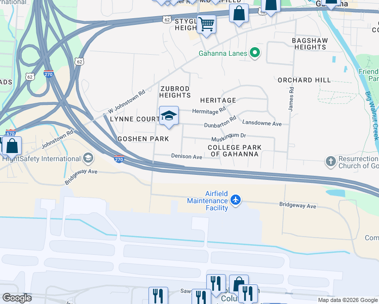 map of restaurants, bars, coffee shops, grocery stores, and more near 362 Denison Avenue in Gahanna