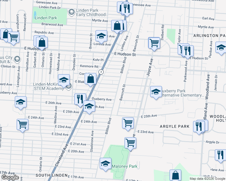 map of restaurants, bars, coffee shops, grocery stores, and more near 1590 East Maynard Avenue in Columbus