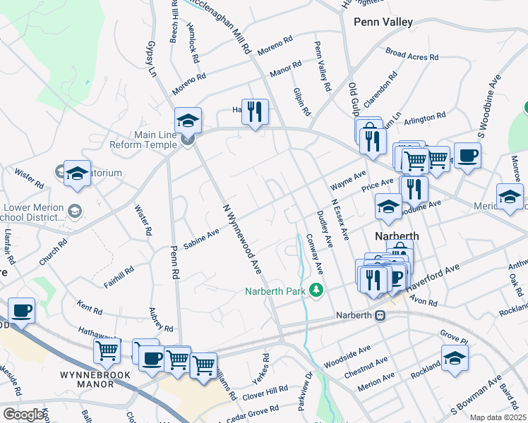 map of restaurants, bars, coffee shops, grocery stores, and more near 16 Sabine Avenue in Narberth