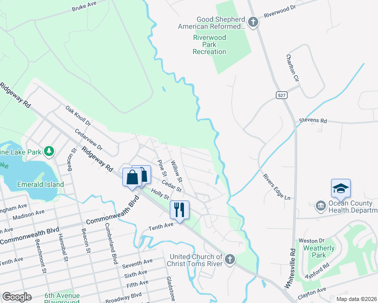 map of restaurants, bars, coffee shops, grocery stores, and more near 10 Cypress Street in Toms River