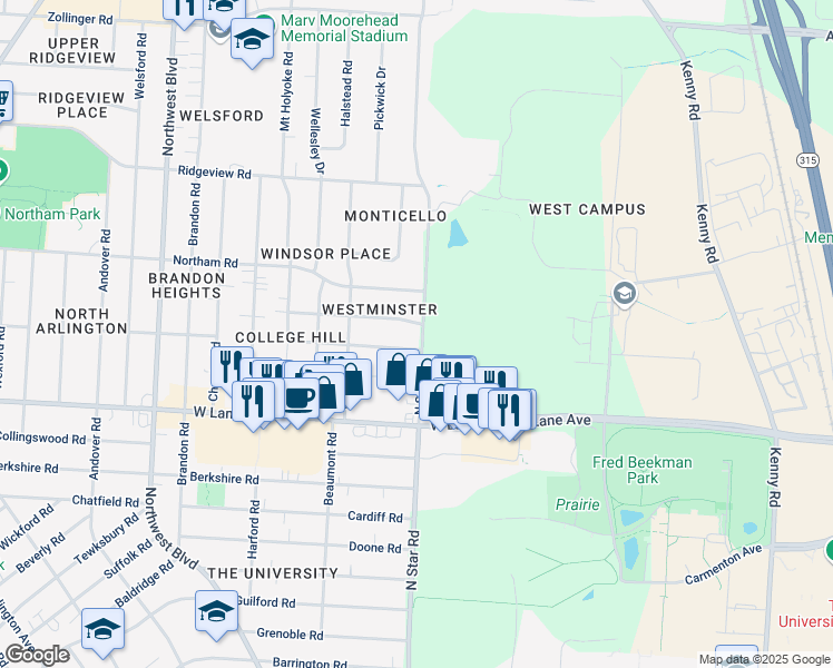 map of restaurants, bars, coffee shops, grocery stores, and more near 2557 North Star Road in Upper Arlington