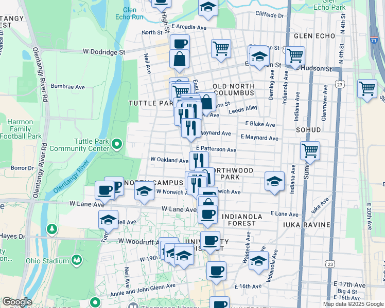 map of restaurants, bars, coffee shops, grocery stores, and more near 2320 High St in Columbus