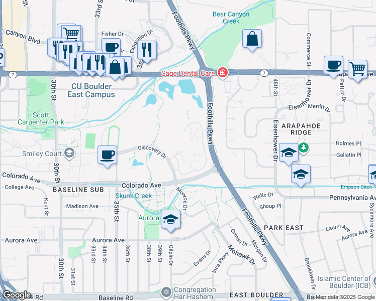 map of restaurants, bars, coffee shops, grocery stores, and more near 4001 Discovery Drive in Boulder