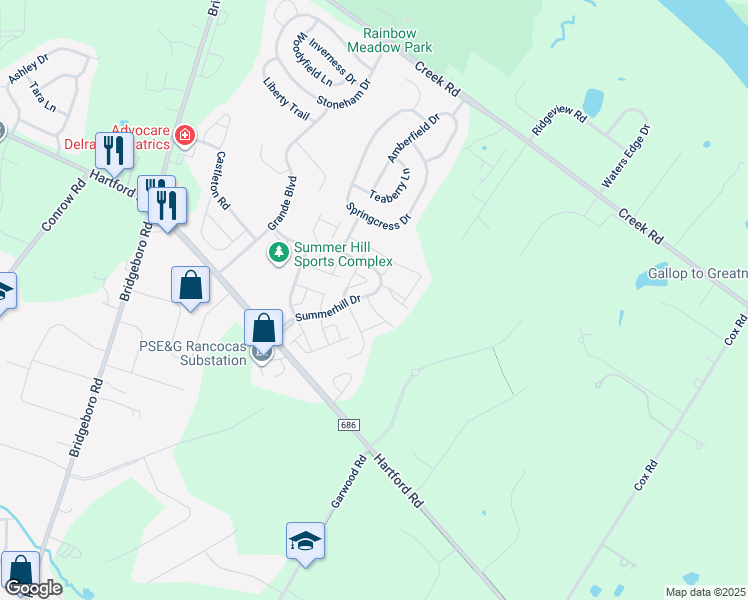 map of restaurants, bars, coffee shops, grocery stores, and more near 1 Firethorn Lane in Riverside
