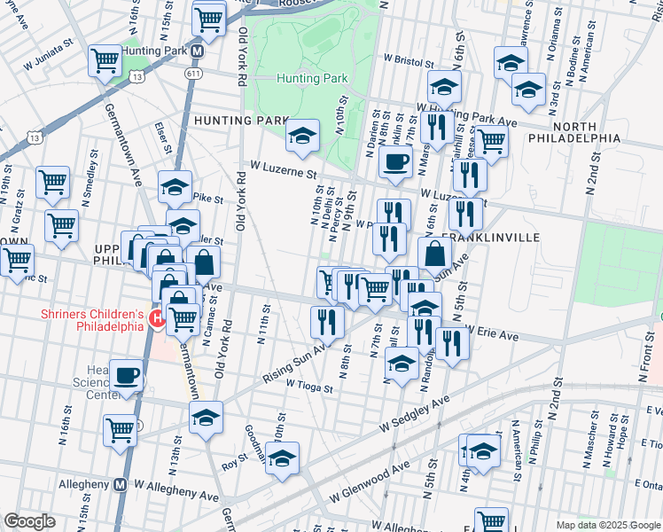 map of restaurants, bars, coffee shops, grocery stores, and more near 3757 North Percy Street in Philadelphia