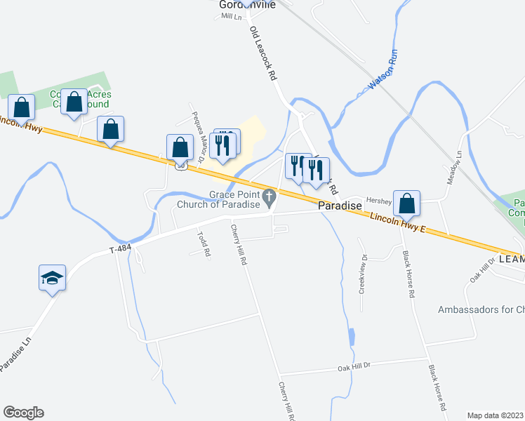 map of restaurants, bars, coffee shops, grocery stores, and more near 3076 Lincoln Highway East in Paradise