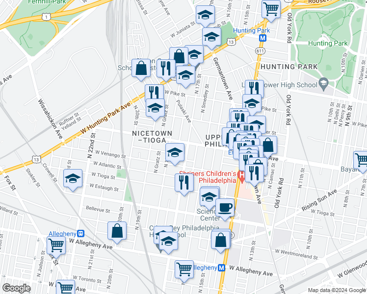 map of restaurants, bars, coffee shops, grocery stores, and more near 1708 West Erie Avenue in Philadelphia