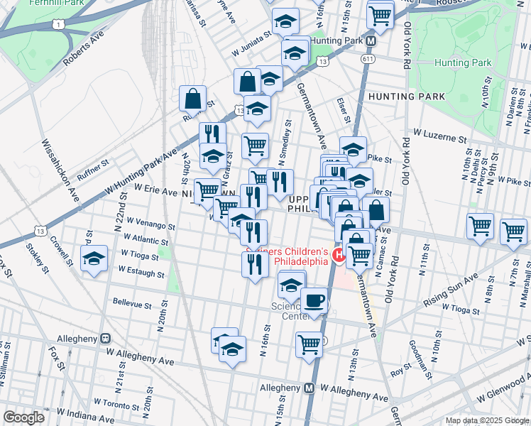 map of restaurants, bars, coffee shops, grocery stores, and more near 1634 West Erie Avenue in Philadelphia