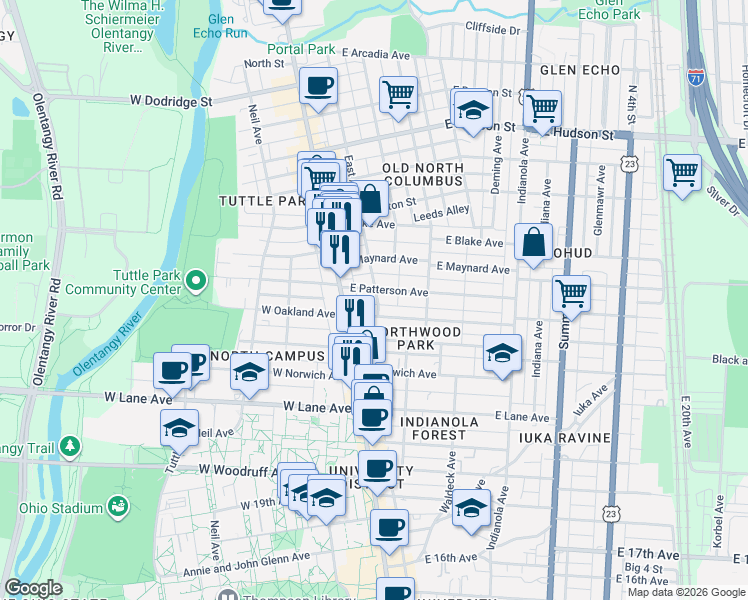 map of restaurants, bars, coffee shops, grocery stores, and more near 2307 East Avenue in Columbus