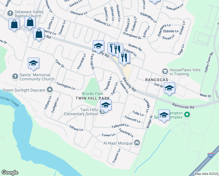 map of restaurants, bars, coffee shops, grocery stores, and more near 10 Temple Lane in Willingboro